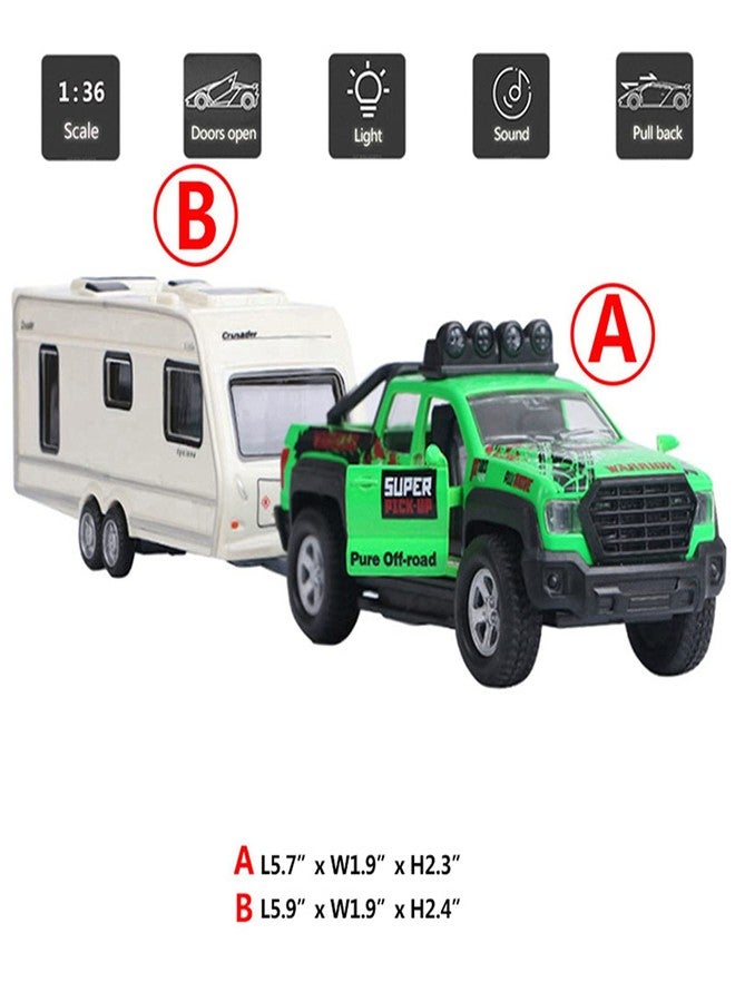Metanyl Pickup Truck Trailer Towing Toy Camper 2 in 1 Playset RV Motorhome Toys for Boys Diecast Model Car Metal Pull Back Toy Cars 1/36 Scale SUV Doors Open Light Sound Kids Birthday Gifts, Green - Image 2